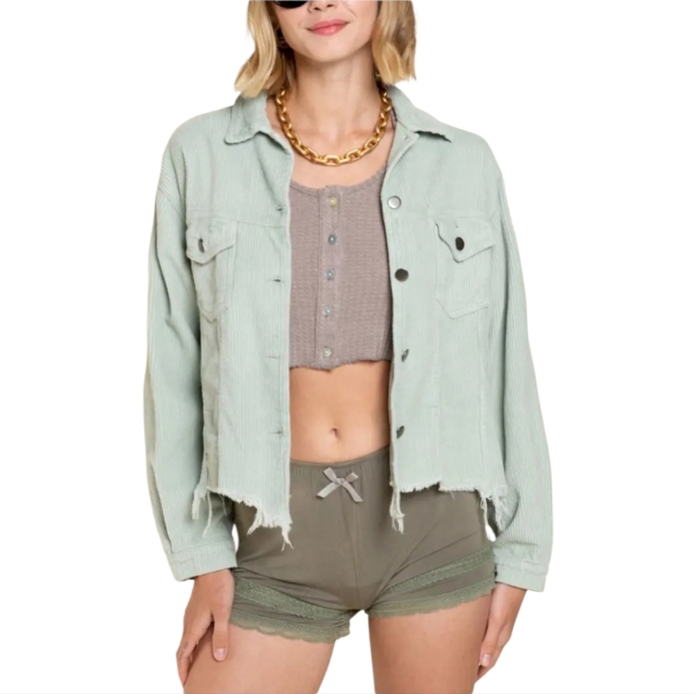 POL Mint Green Distressed Corduroy Shacket